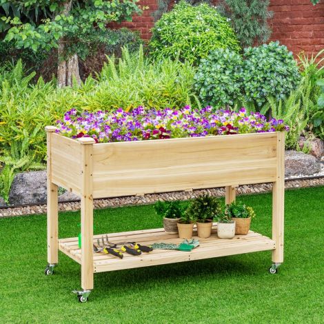 Tõstetud puidust istutuskast lukustatavate ratastega 120 x 59 x 84 cm naturaalne