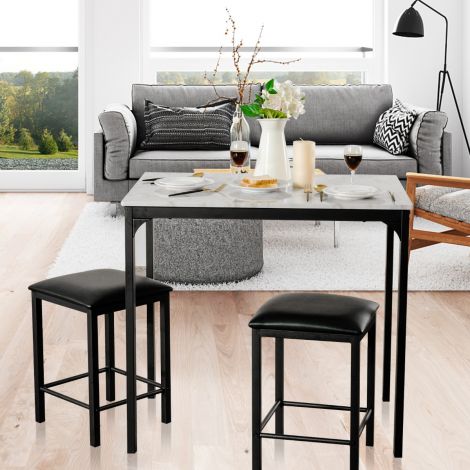 3-osaline söögilauakomplekt, baarilauakomplekt 2 polsterdatud baaritooliga, metallraam, valge