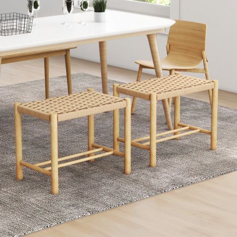 Söögitoa taburettide komplekt, raam kummipuu puidust ja iste punutud paberist, 56 × 36 × 45 cm