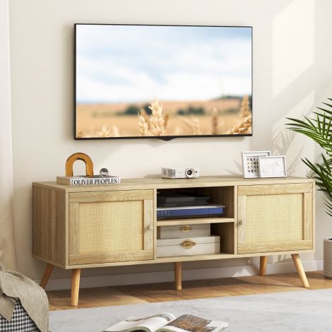 Rattanist TV-kapp 2 ukse ja avatud riiulitega kuni 55-tollisele telerile, mõõtmetega 120 × 40 × 48,5 cm