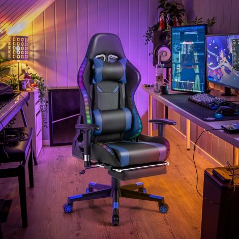RGB-LED-tuledega mänguritool ja väljatõmmatava jalatoega ergonoomiline kontoritool, sinine