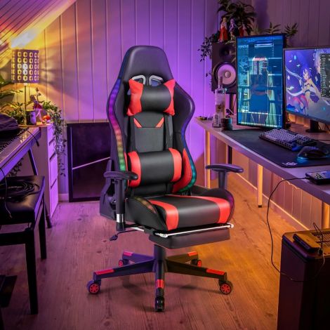 Mänguritool RGB-LED valgustusega ja väljatõmmatava jalatoega, ergonoomiline punane kontoritool