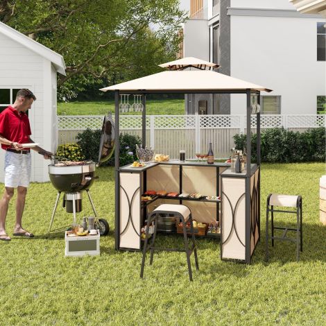 Baarilaud 2 baaritooliga, aiabaarikomplekt metallriiulite ja klaasihoidikuga, topeltkatusega grillpaviljon, pruun