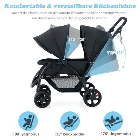 Kokkupandav kaksikute jalutuskäru reguleeritava seljatoe ja katusega, kandevõime 30 kg, must