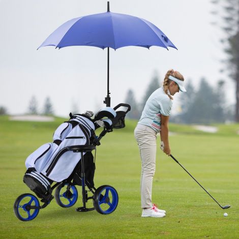 3-rattaline alumiiniumist kokkupandav golfikäru vihmavarjuhoidja ja istmega, sinine golficaddy