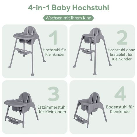 4-ühes beebi ja laste söögitool eemaldatava kandikuga, hall