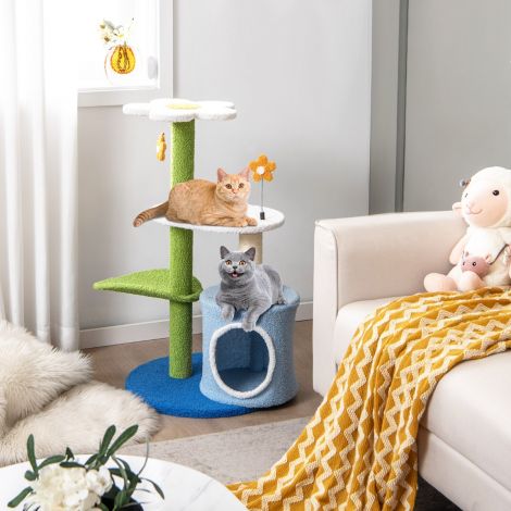 Väike kraapimispuu lillekujulise istumisalusega, 2 palliga ja lehekujulise ronimistorniga, roheline+sinine