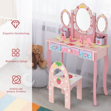 Laste tualettlaud, laste soengukomplekt peegliga 70 × 34 × 105 cm roosa