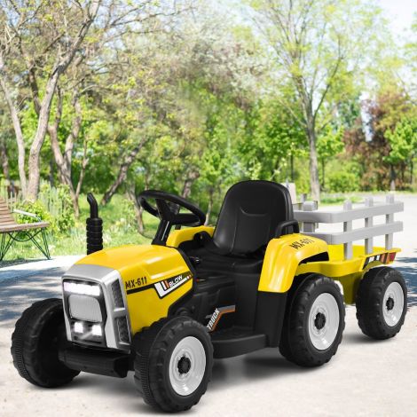 12 V laste traktor haagisega akutoitel elektriline mänguauto kollane