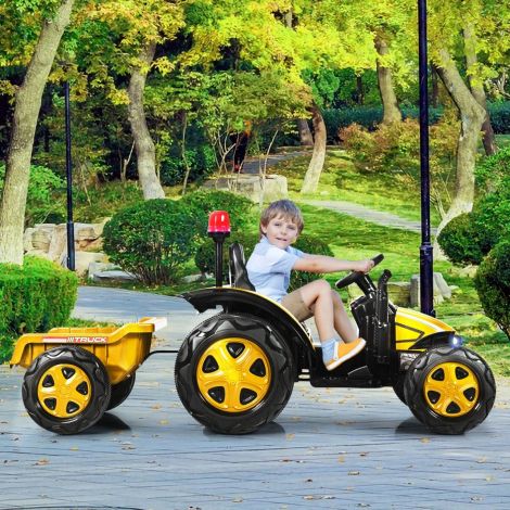 12V traktor 2,4G kaugjuhtimispuldiga ja eemaldatava haagisega lastele vanuses 3–8 aastat, kollane