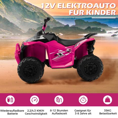 12V elektriline lastequad kiirusega 2,2/4,3 km/h, signaali, muusika ja LED-tuledega, roosa elektriquad