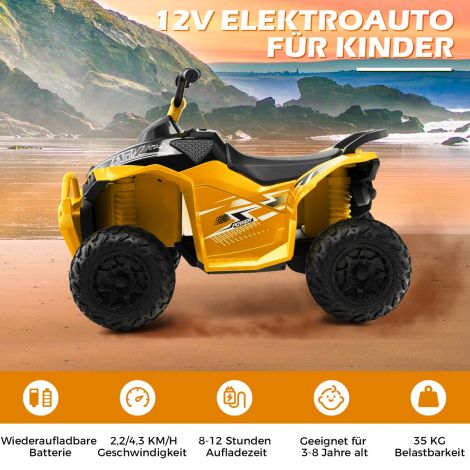 12V elektriline lastequad kiirusega 2,2/4,3 km/h, signaali, muusika ja LED-tuledega, kollane elektroquad
