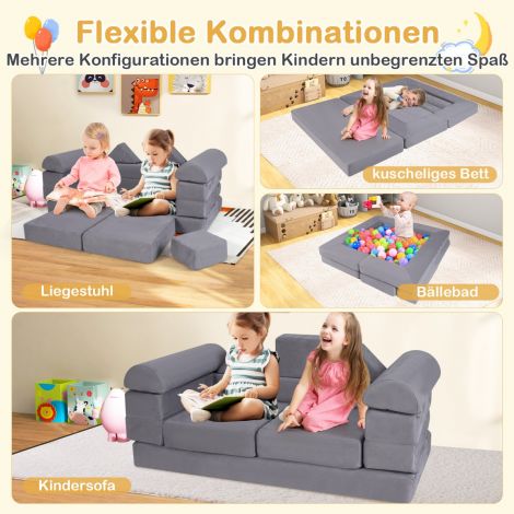 Modulaarne lastesofa, 9-osaline mängusofa vahtplokkidest, mugava seemisnahkse kangaga, hall