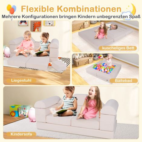 Modulaarne 9-osaline laste diivan, vahust klotsidest mängudiivan, mugava seemisnahast kattega, beež