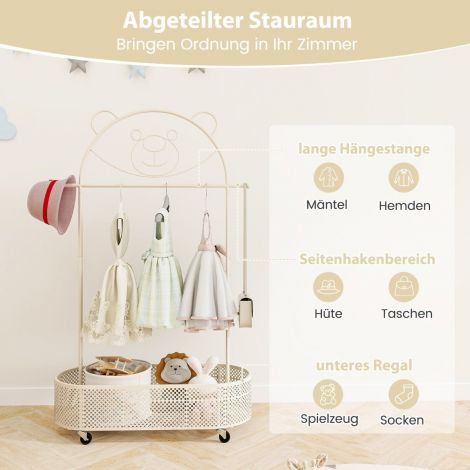 Laste kõrgusreguleeritav riidestange 130 cm / 150 cm / 182 cm, ratastel valge garderoobistange