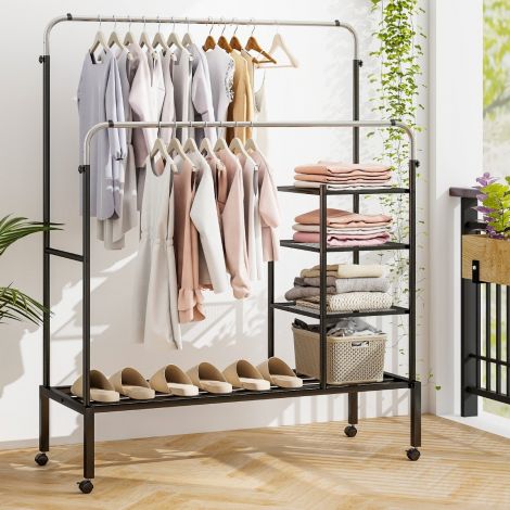 Riidenagi kahe riidetoruga, ratastel pesukuivatusrest, kõrguses reguleeritav garderoobistange 135 x 54 x 170 cm hõbedane