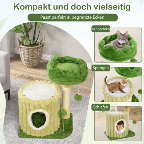Väike kraapimispuu platvormiga, sisalist kraapimispost, kassikoobas ja 2 palliga, roheline