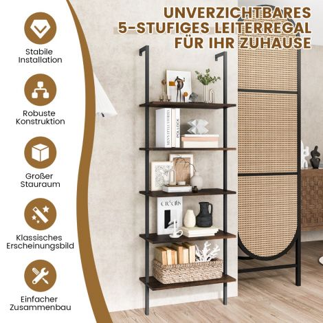 5-korruseline redel-tüüpi seinariiul terasraamiga 60 x 30 x 180 cm rustikaalne pruun
