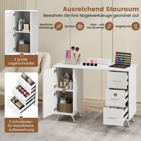 Maniküürilaud sahtlite, kappide ja randmetoega, valge maniküürilaud