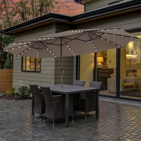 470 cm suur kahekordne terrassi vihmavari 48 päikeseenergia LED-valgustiga