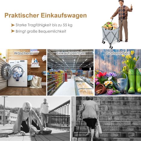 Kokkupandav ratastega ostukäru, mahutavus 90 l / 55 kg, eemaldatava Oxford-kotiga käsikäru, hall