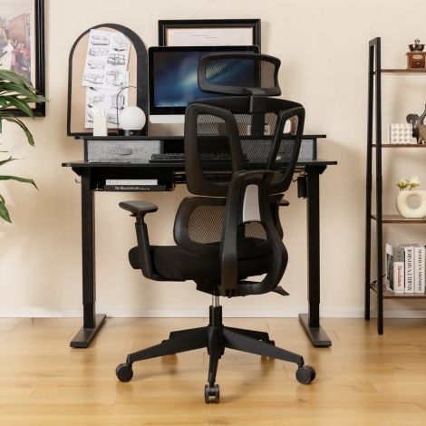 Ergonoomiline kontoritool N-kujulise nimmepiirkonna toega, pöörlev kirjutuslauatool, must