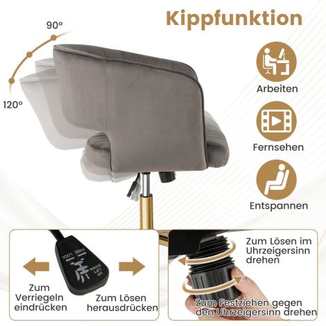 Sametist PC-tool, moodne pöördtool polsterdatud seljatoega, reguleeritava seljatoe nurgaga, istmelaius 52 cm, hall