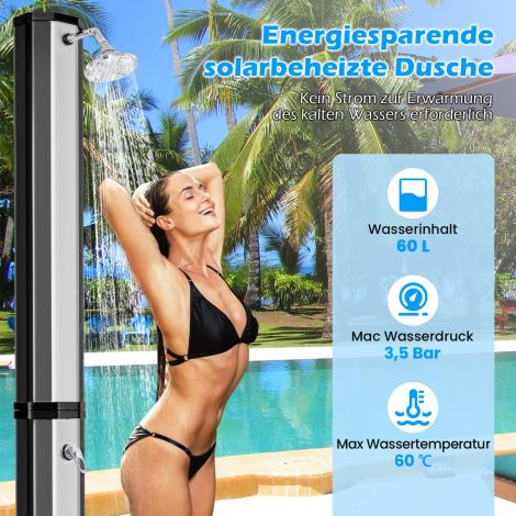 60-liitrine päikesedušš aiadušš kaitsekattega 227 cm kuni 60 °C basseinidušš pööratava dušiotsikuga must ja hõbedane