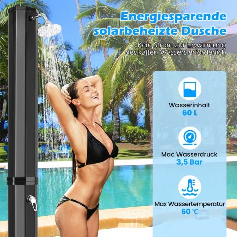 Päikesedušš 60 liitrit aedadušš kaitsekotiga 227 cm kuni 60 °C basseinidušš pööratava dušiotsikuga must