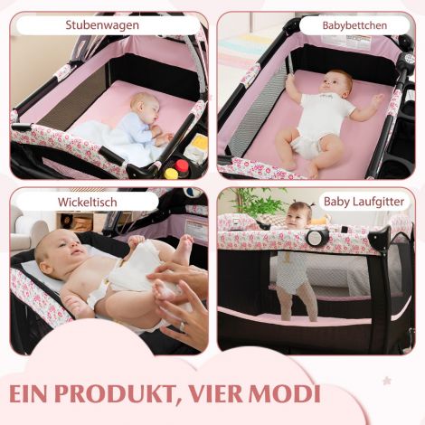 4-in-1 reisivoodi madratsiga, kokkupandav lisavoodi reguleeritava varikatusega, roosad lilled