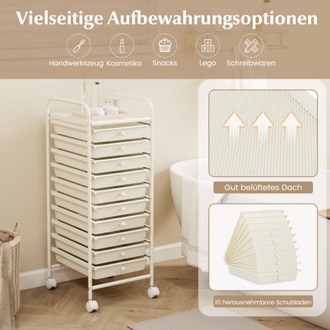 Riiulikäru Ratastega Kapp Abilaud 10 Sahtliga 33 x 37 x 86 cm Valge