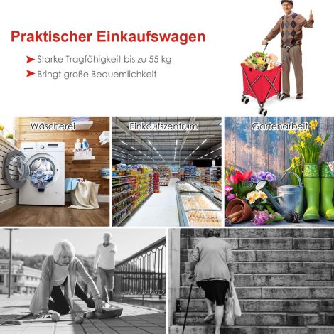 Kokkupandav ratastega ostukäru, maht 90 l/55 kg, eemaldatava Oxford-kotiga, punane