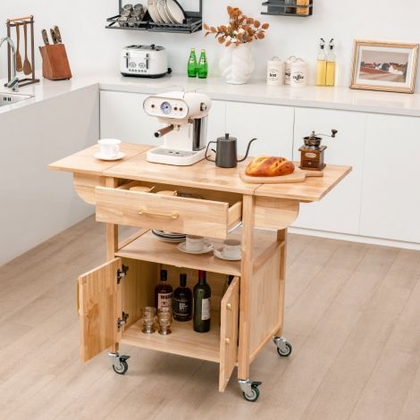 Köögikäru kokkuklapitava tööpinna, sahtli ja kapiga, naturaalne serveerimiskäru