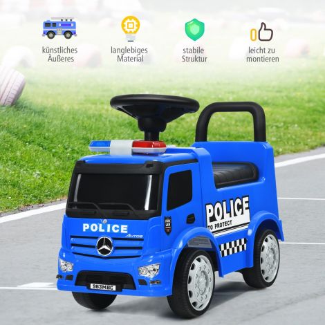 Mercedes Benz lükatav auto panipaigaga, signaalpasuna, sireeni, vile ja hoiatustulega laste politseiauto