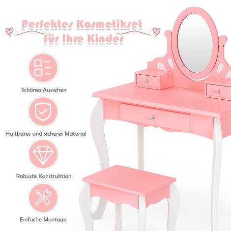 Laste peeglilaud tabureti ja peegliga, printsessi tualettlaud 3 sahtli ja roosa värviga