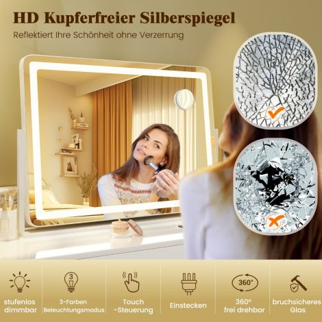 Valgustusega meigipeegel, suur kosmeetikapeegel 10× suurendusega, valge