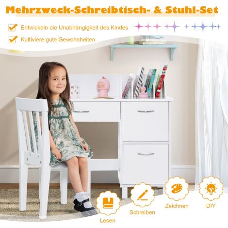 Lastelaua ja tooli komplekt, kirjutuslaud sahtli ja hoiukappidega, valge