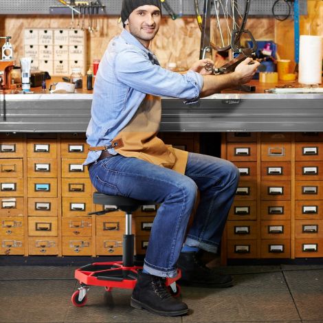 Töökoja rulltool hoiukohaga ja 4 universaalratta, 150 kg kandevõimega, kõrguse reguleeritav, punane + must