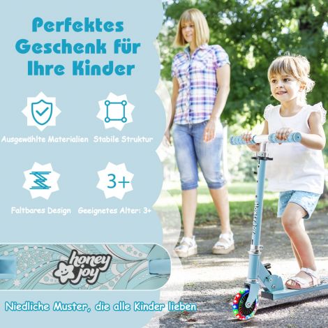 Laste roller tõukeratas LED-ratastega kokkupandava ja kõrgusreguleeritava lenksuga helesinine