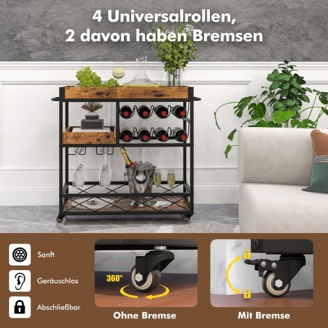 Serveerimisvanker, 3-tasandiline rulluv baarikäru eemaldatava kandikuga, 80 × 40 × 83 cm, rustikaalne pruun