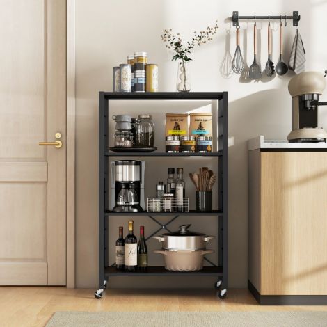 Kokkupandav serveerimiskäru, 4 tasapinda, köögikäru eemaldatavate ratastega, 76 × 36 × 122 cm, must + rustikaalne pruun