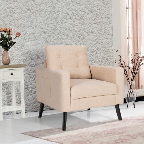 Tugitool 2 küljetaskuga, istmesügavus 53 cm, kõrgete kõrvadega tugitool käetugede ja seljatoepadjaga, mõõdud 75 x 81 x 86 cm, beež
