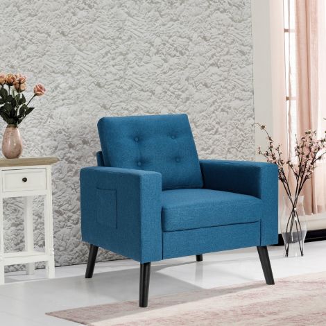 Tugitool 2 küljetaskuga kõrge seljatoega tugitool käetugede ja seljapadjaga 75 × 81 × 86 cm, sinine, istmesügavus 53 cm