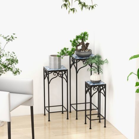 3-osaline metallist taimealuste komplekt mosaiikplaatidega, üksteise sisse asetatavad sinised lillepotid 28/23/18 cm