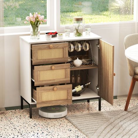 Rattan-kummut ühe ukse ja kolme sahtliga, köögikapp 80 × 35 × 80,5 cm valge + naturaalne