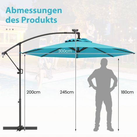 300 cm päikesevari 32 päikese-LED-lambiga ja vändaga aiasirm turuvari türkiis