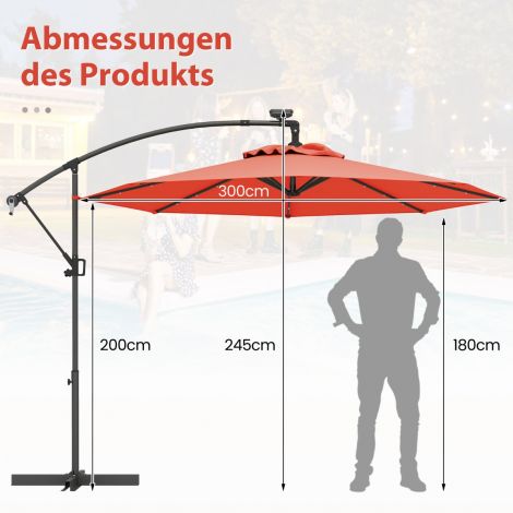 300 cm päikesevari 32 päikese-LED-lambiga ja vändaga aiaturuvari oranž