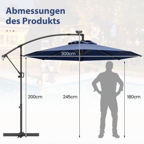 300 cm päikesevari 32 päikese-LED-i ja väntmehhanismiga aiavari turuvari tumesinine