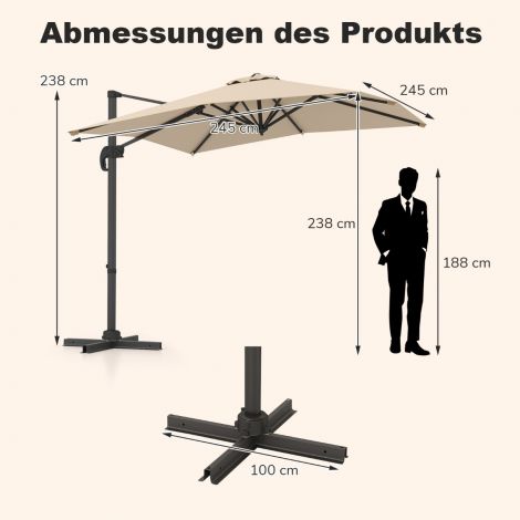 Ristkülikukujuline 250 x 250 cm suur ripp-päikesevari vändaga, beež