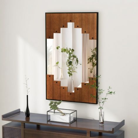 60 x 95 cm ristkülikukujuline puidust raamiga peegel, rustikaalne seinapeegel kahepoolsete riputuskonksudega